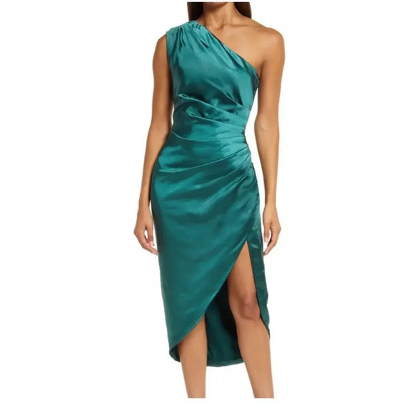 New Elliatt Cassini Emerald Green Satin One Shoulder Side Ruched Dress Women's L - Picture 1 of 14